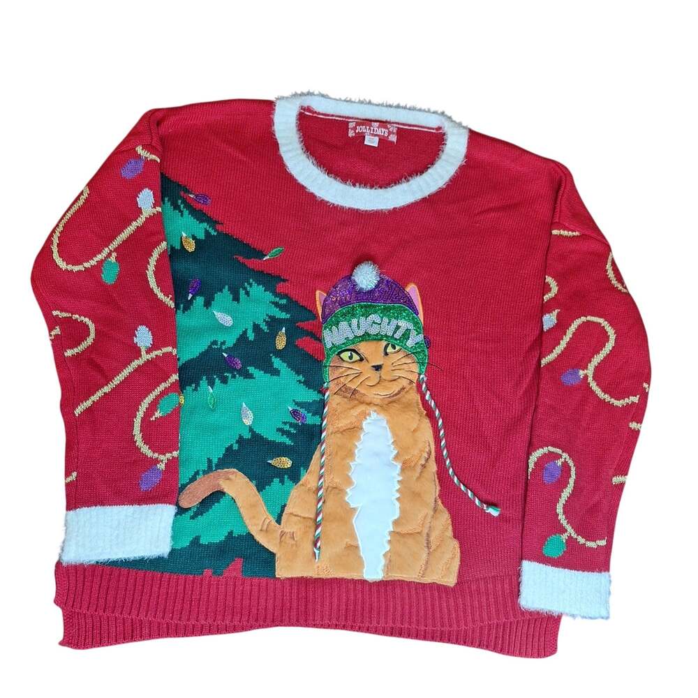 Jollidays Ugly Christmas Sweater Womens XXL Cat Naughty Tree Sequins Fuzzy Red